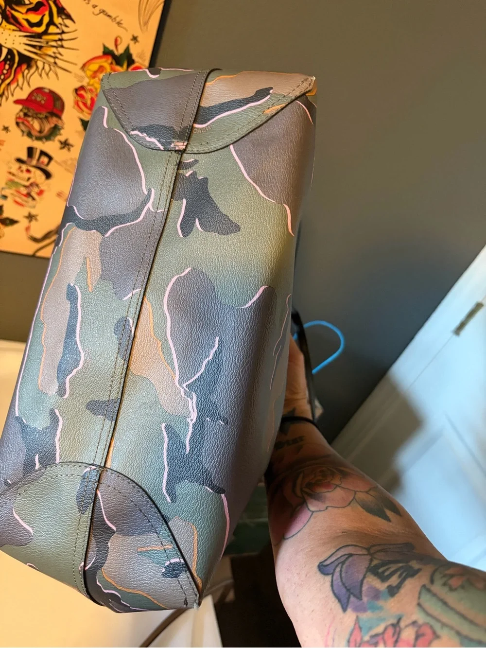 Coach Camouflage Print Leather Tote in Green, Pink & Black